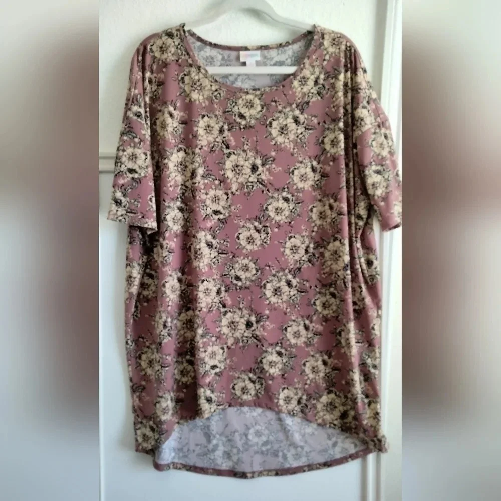 LuLaRoe Womens SzM Short Sleeve Soft Plum-LightCreamFloral Print High to Low Hem - Picture 1 of 7